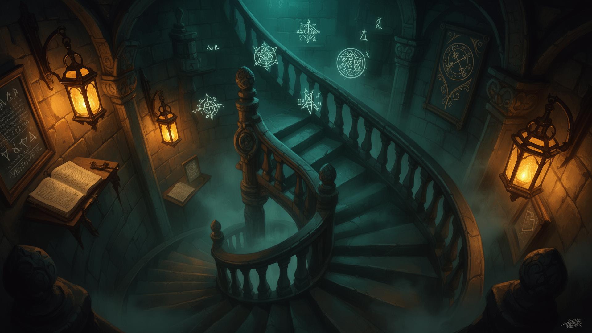 A spiraling staircase descending into a candle-lit ancient library